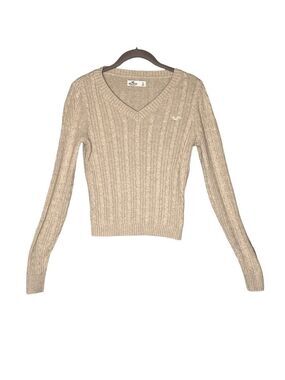 Hollister Beige Cable Knit V-Neck Sweater Small